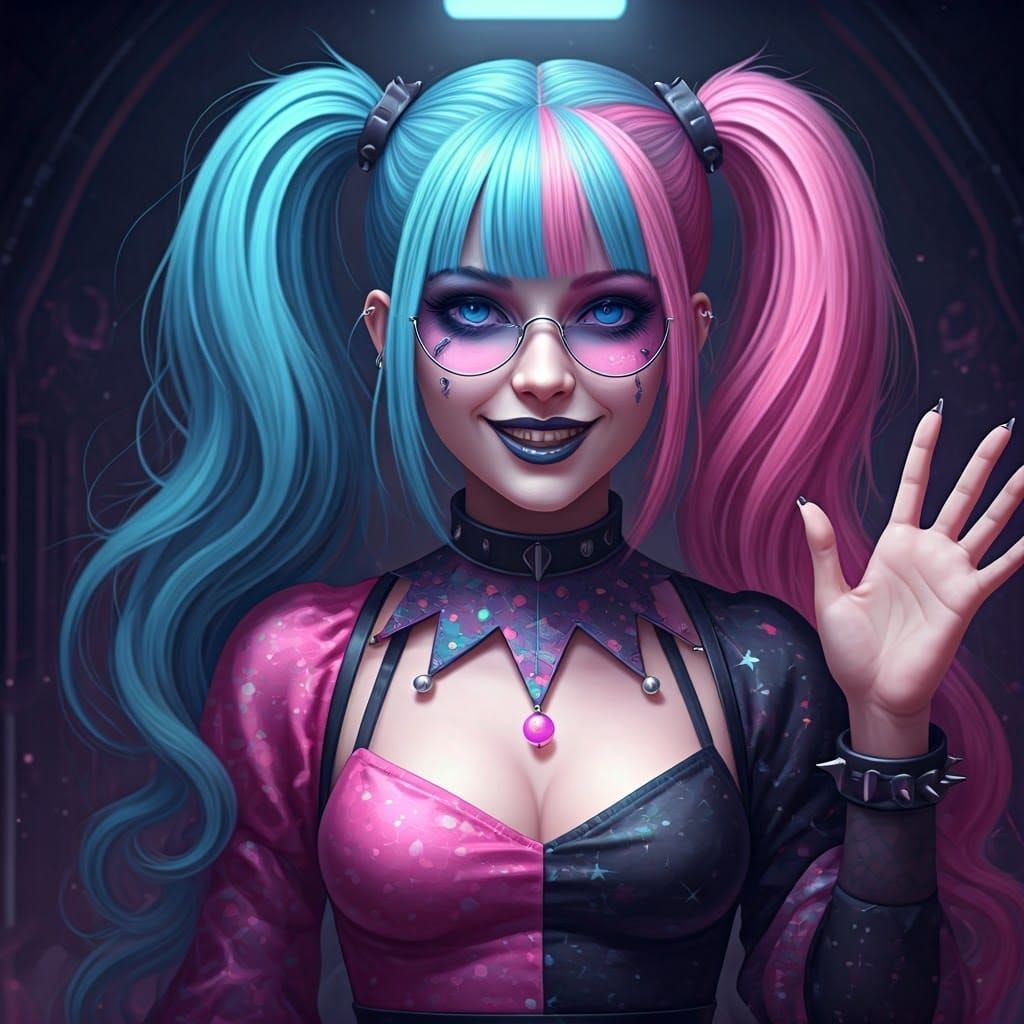 Goth Jester in Vibrant, Neon-Lit Elegance