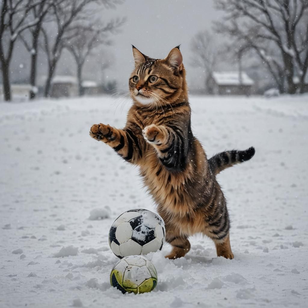 Cat Walks on Two Legs in Snow