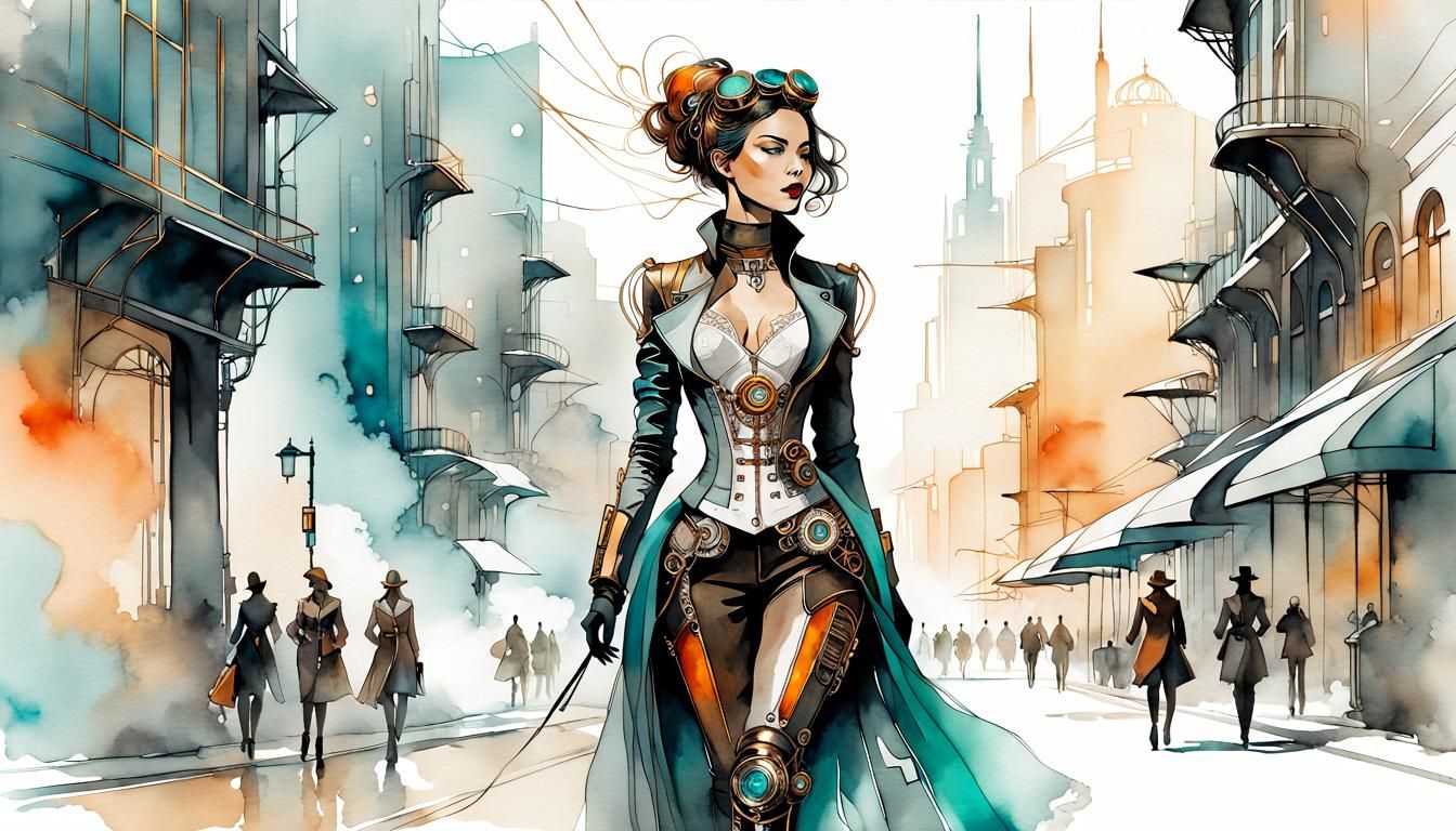Steampunk Cyborg in Futuristic City: Minimalist Line Art