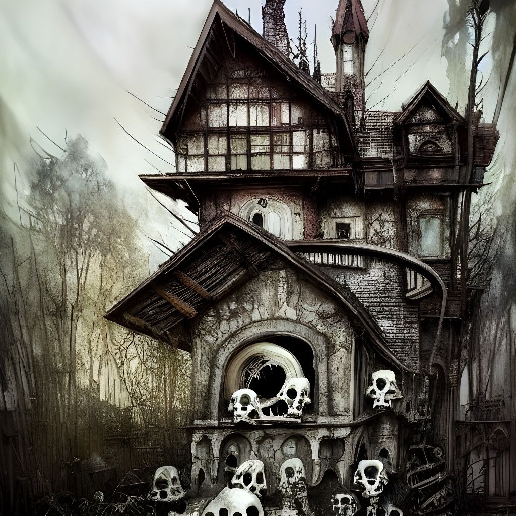 Enchanting House of Bones: A Surreal Mixed Media Painting