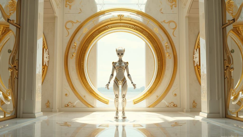 Futuristic Gold and White Robot in Elegant Hall
