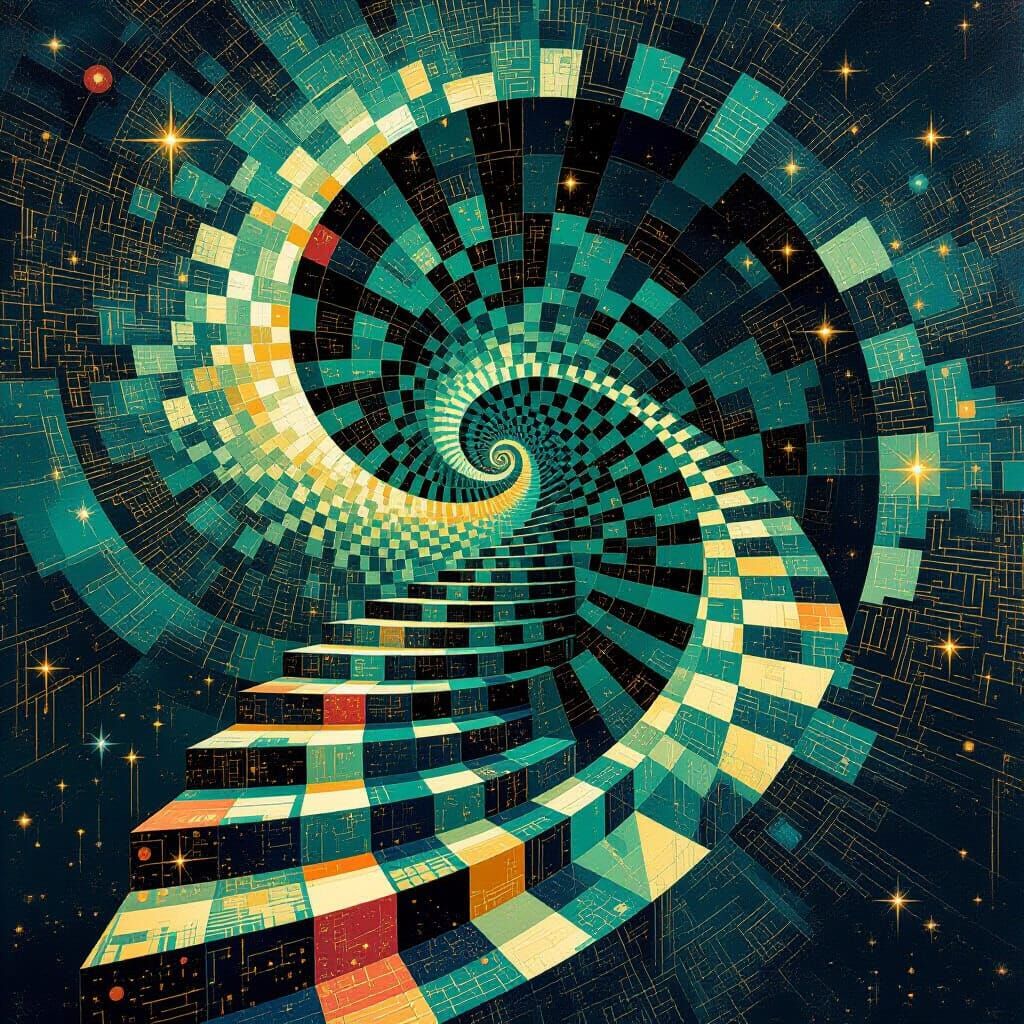 Cosmic Staircase of Geometric Mosaics in Steampunk Style