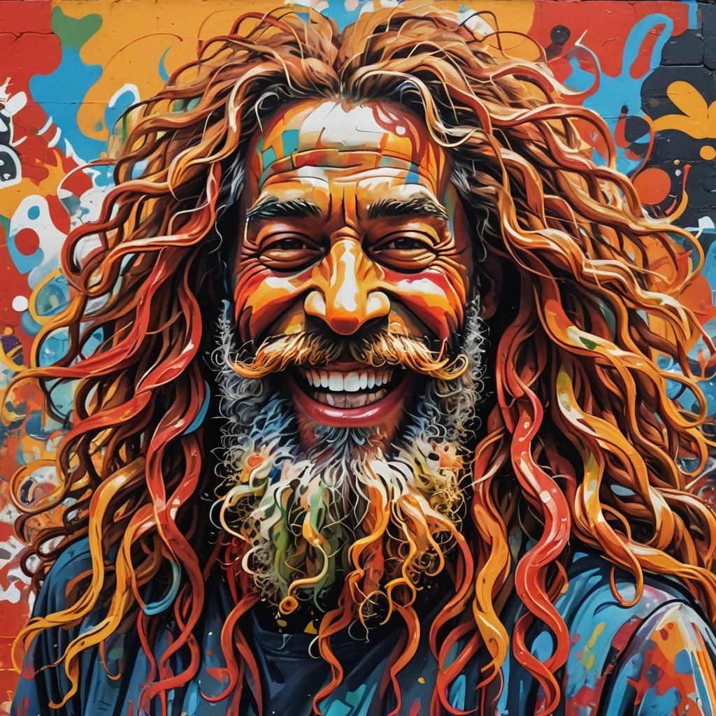 Joyful Figure in Vibrant Street Art Mural