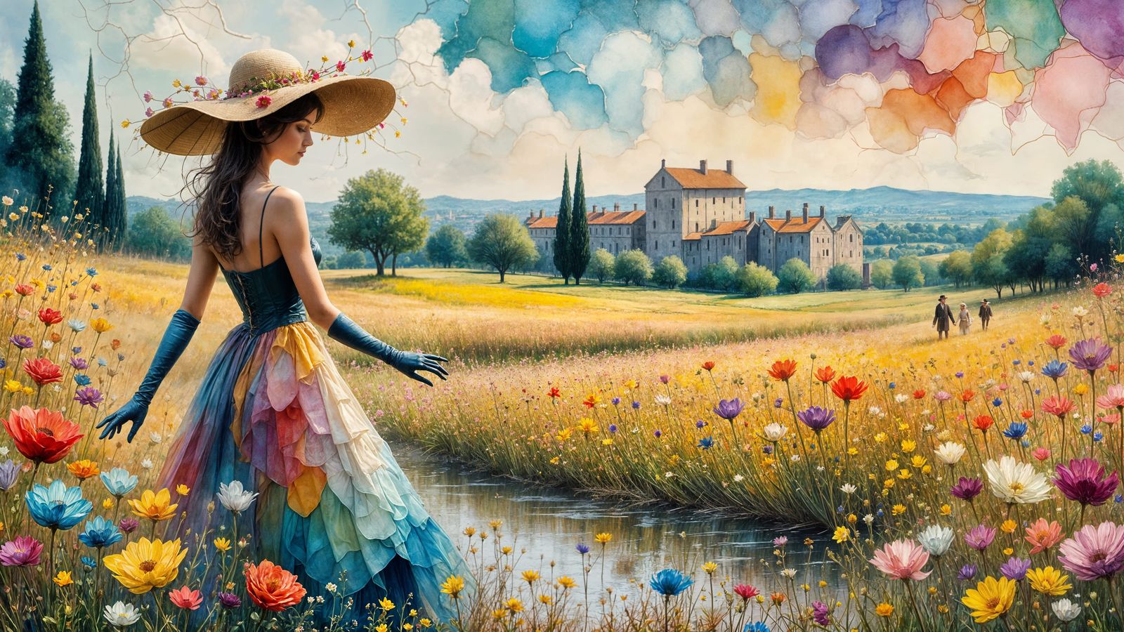 Elegant Woman in Provence Fields Antique Watercolor Painting