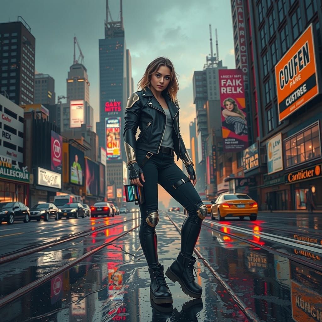 Young Woman in Cyberpunk Exoskeleton Confronts Dystopian Cit...