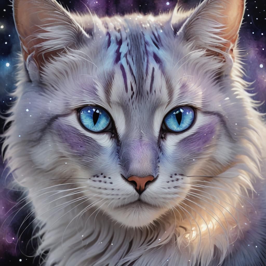 Serene Cat Face with Iridescent Fur as Digital Art