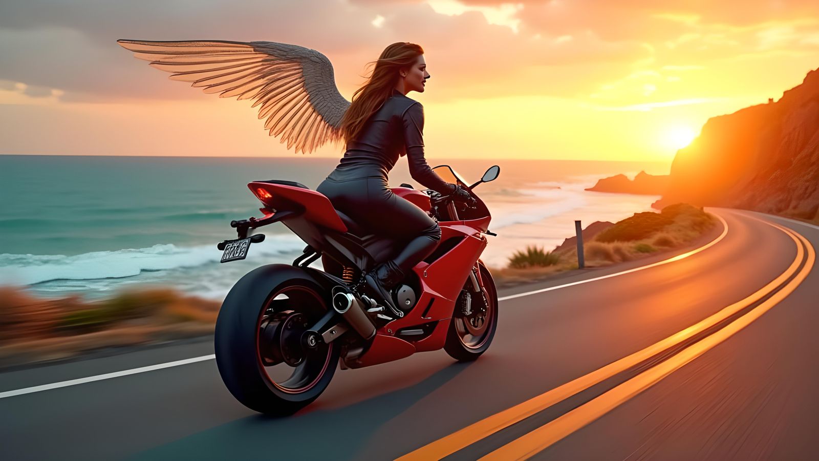 Ultra realistic and detailed picture of a gorgeous women angel riding a racing bike on a road near a beach with sunset i...