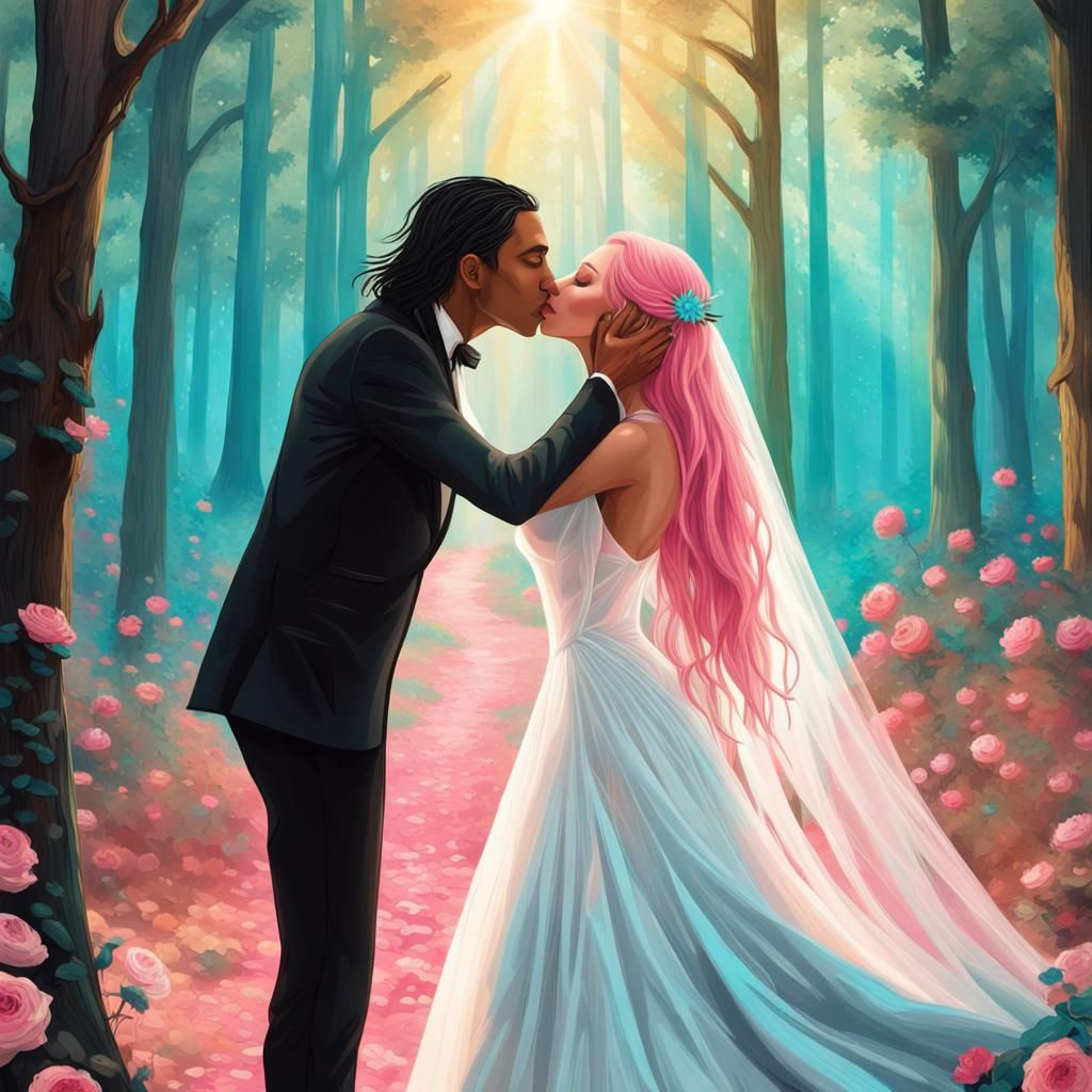 Fantasy Wedding in Rose Forest: Hyperdetailed Acrylic Art