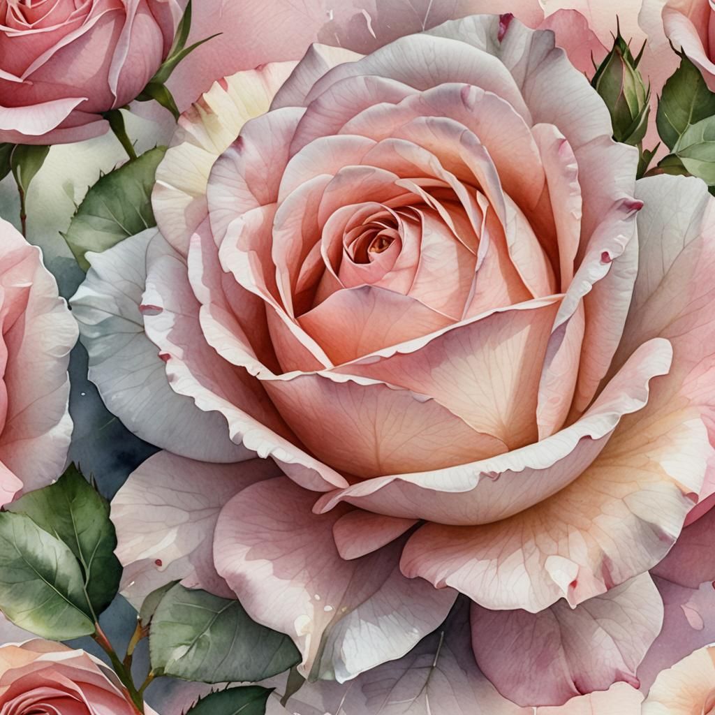 Delicate Pink and White Rose Watercolor Close-Up