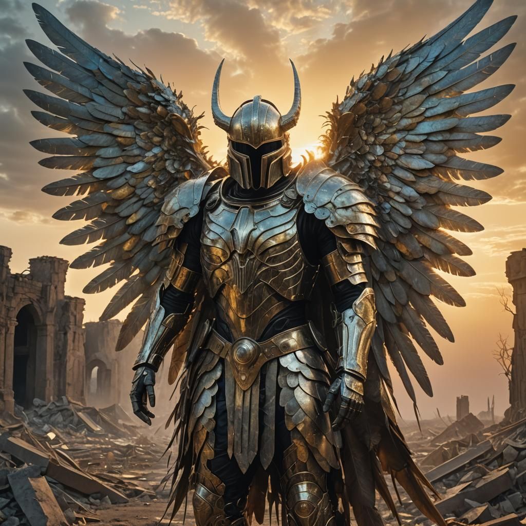 Armored Six-Winged Angel in Ruined Landscape