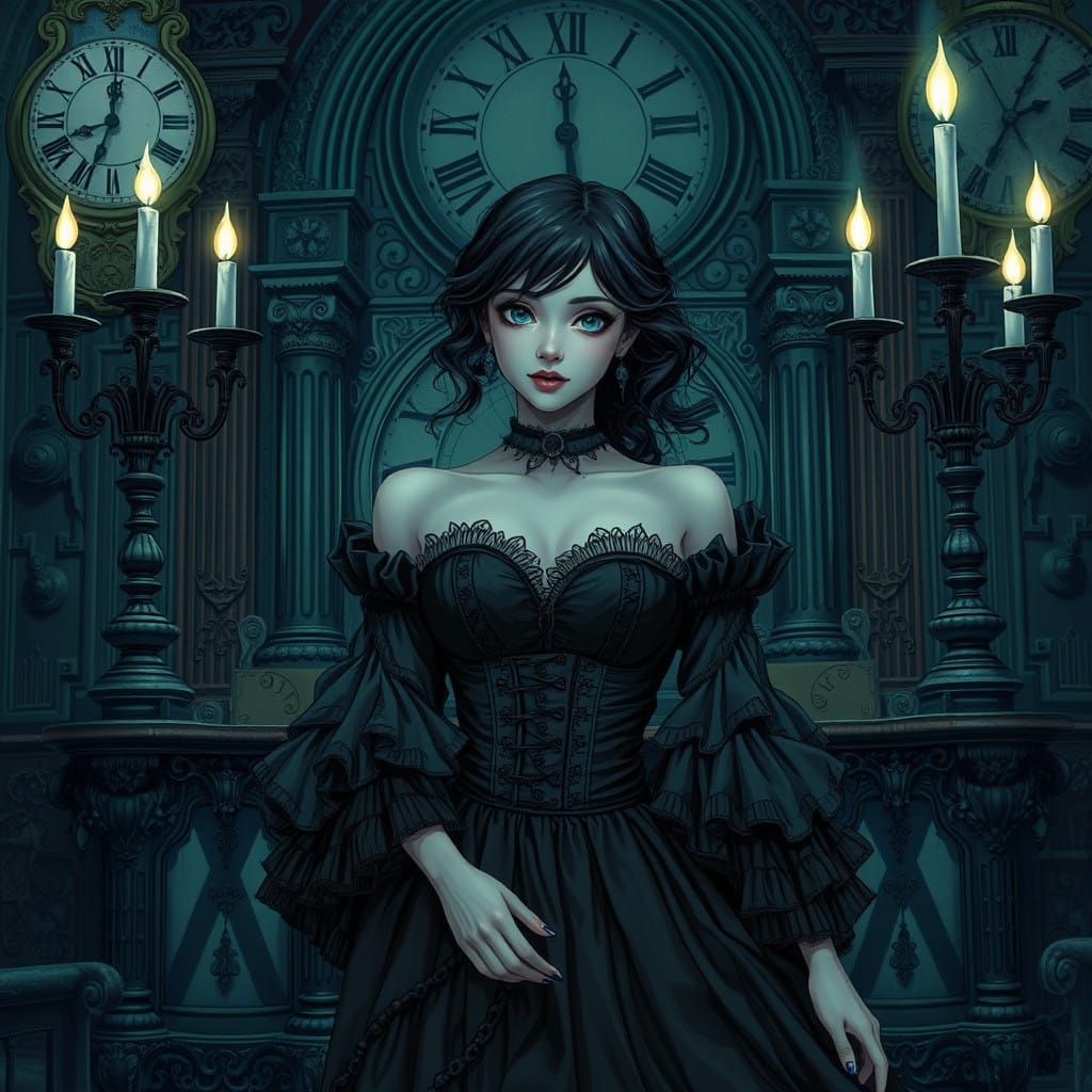 Gothic Victorian Woman Amidst Clockwork Ruin