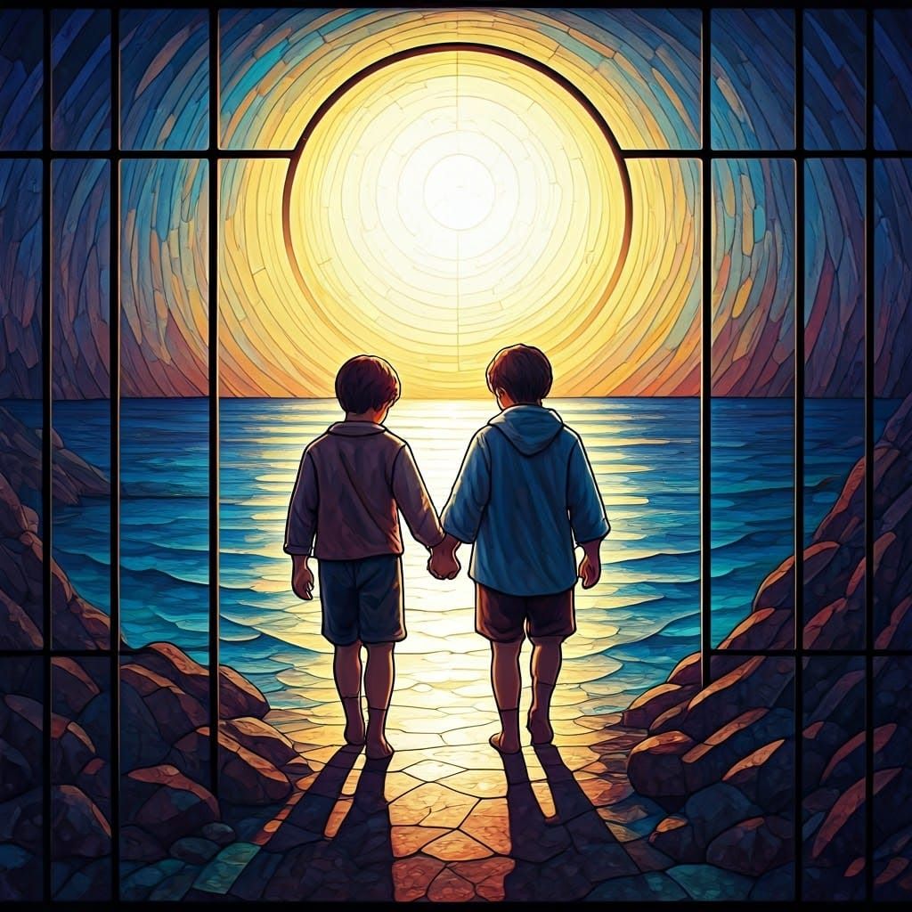 Two Boys Stroll Along the Shore in a Vibrant Stained Glass S...