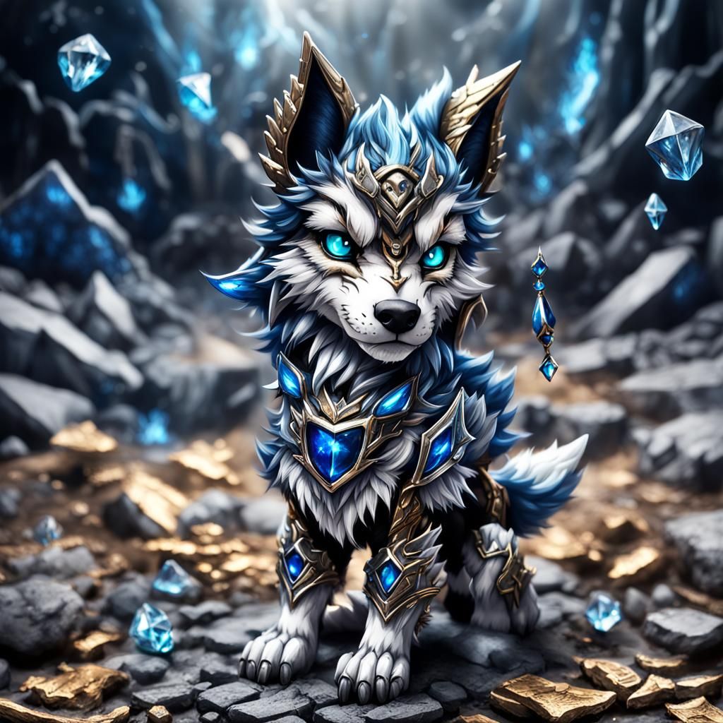 Chibi Furry Wolf Dragon with Blue Fire, Digital Art