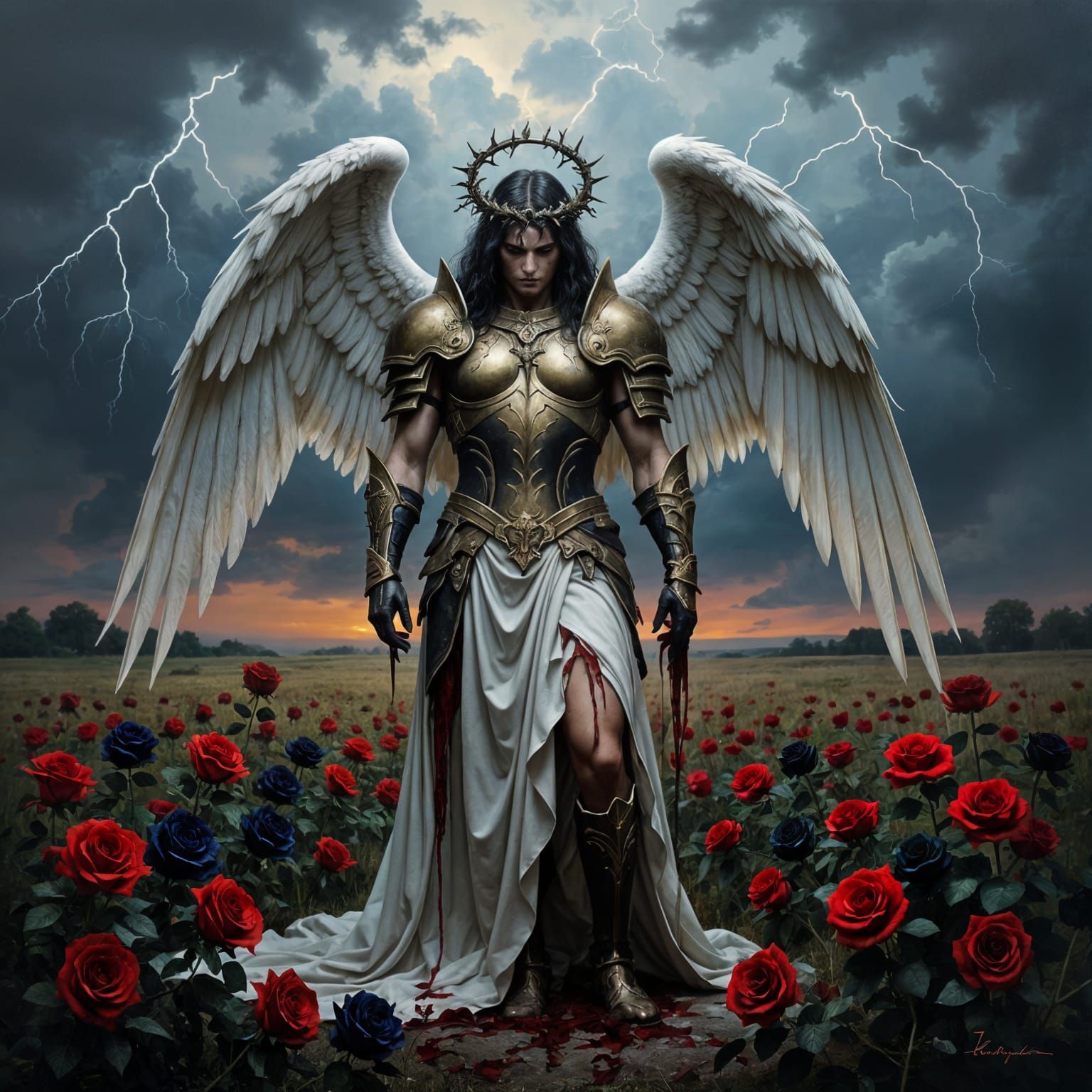 Fallen Seraphim Guarding Black Roses in Oil Painting Style