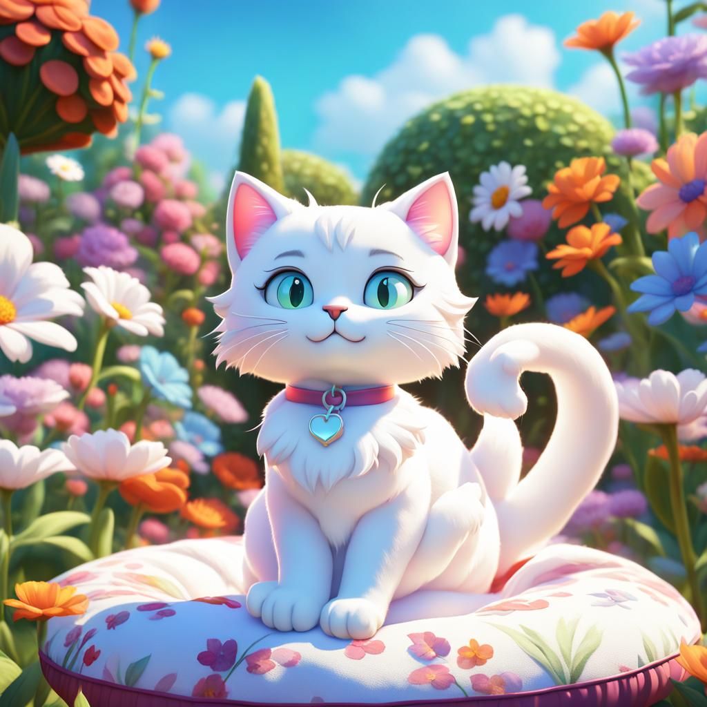 White Cat in Flower Garden: Pixar Style 3D Art