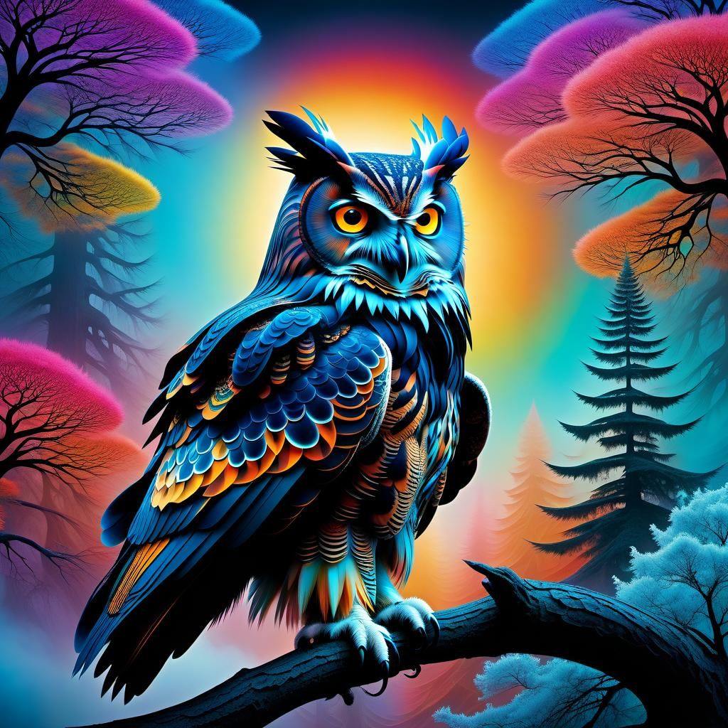 Surreal Owl-Eagle Hybrid in Dreamlike Fractal Landscape