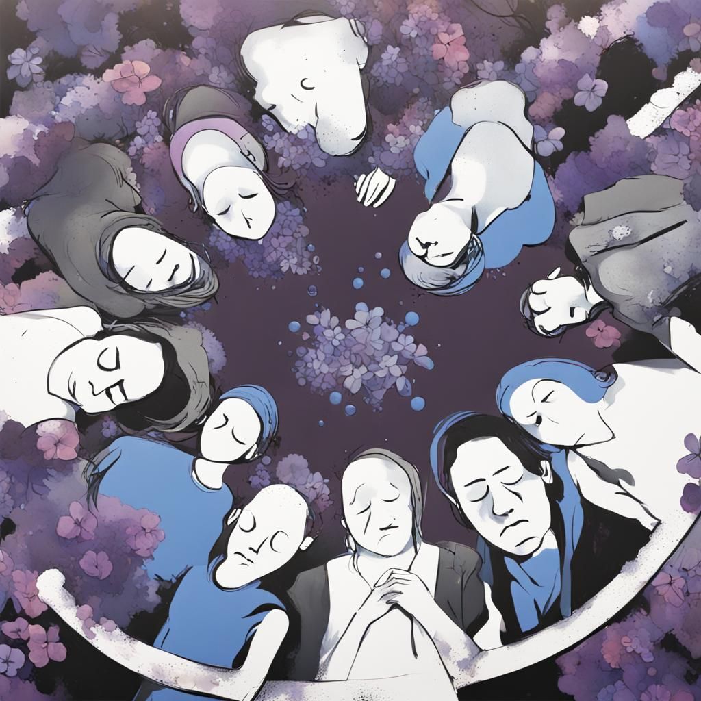 People Gather Around Dying Person in Graffiti Art Style