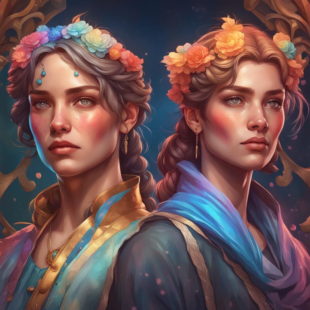 Gay Female Couple Portrait in Hyperdetailed Digital Art