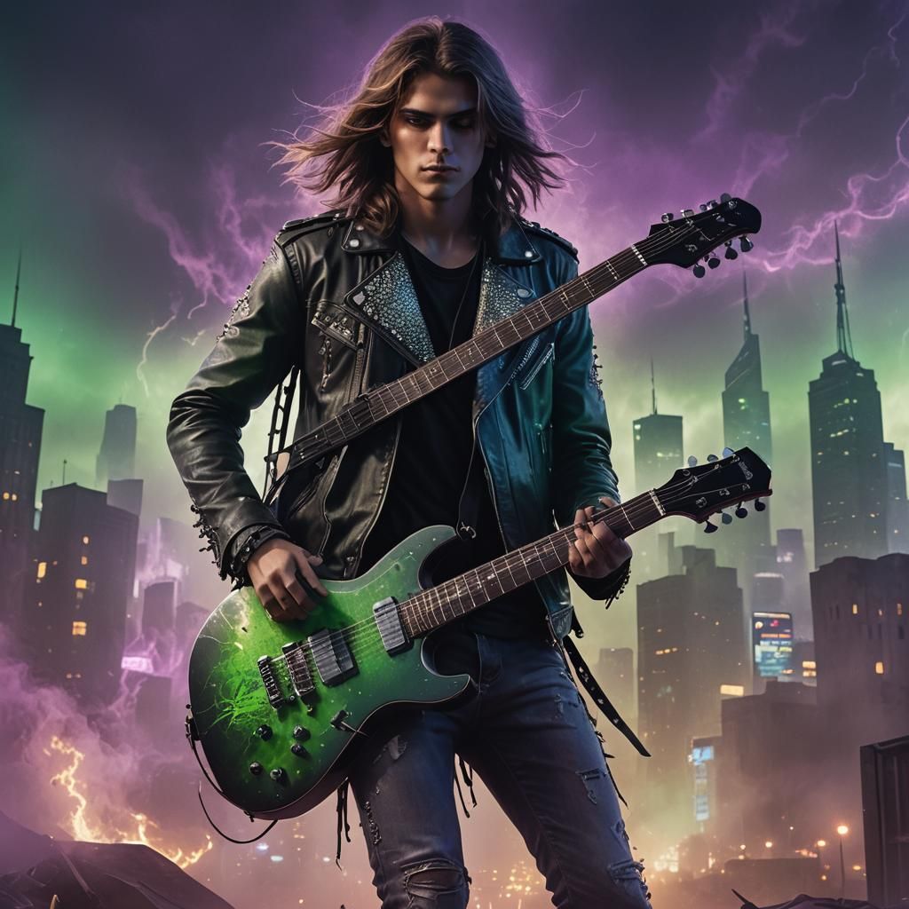 Teen Guitarist in Moody, Gothic Comic Book Art