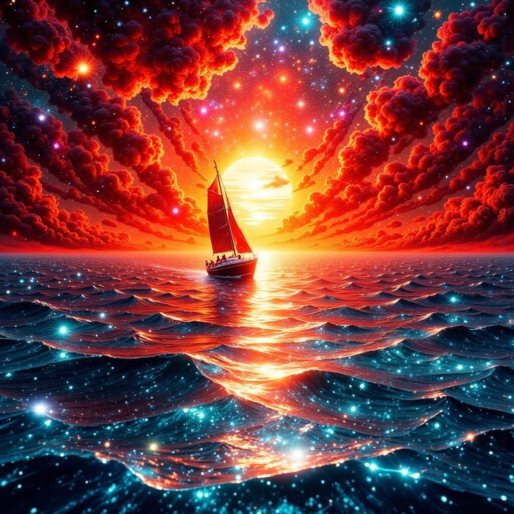 Sailboat Sunset in Surreal Holographic Style