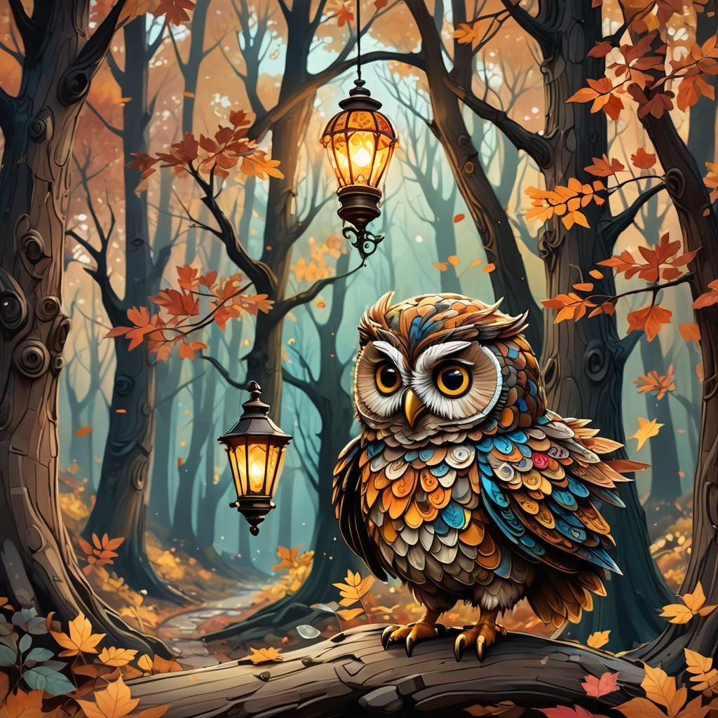 Chibi Owl in Autumn Forest, Watercolour Style