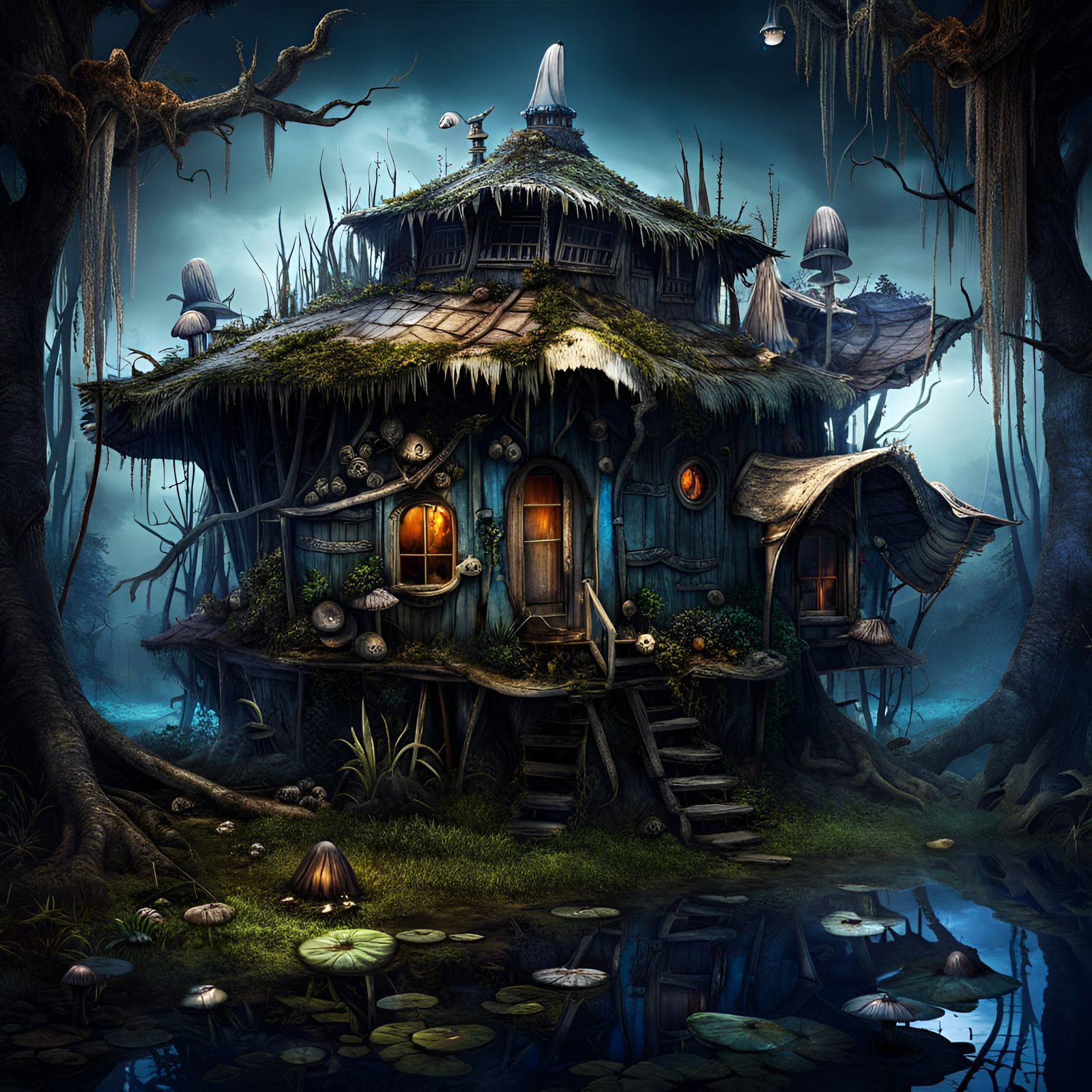Eerie Swamp Hut with Decaying Mushrooms