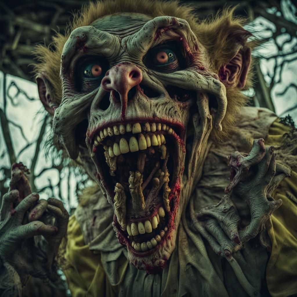 Zombie Monkey Monster Clown Grinning in Treehouse