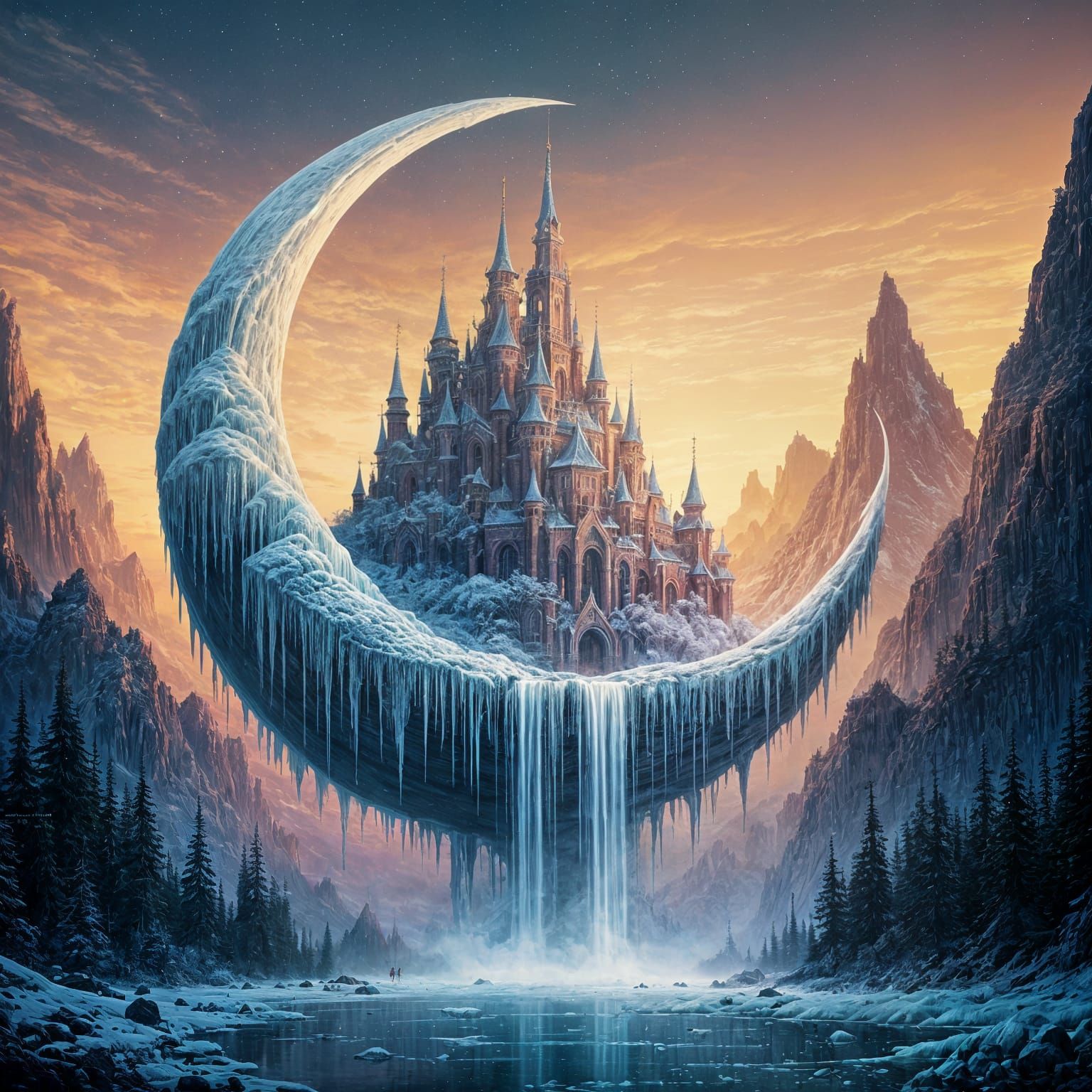 Ice Castle in Crescent Moon, Impressionist Gouache Style