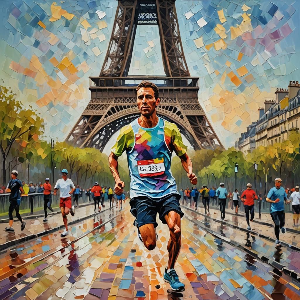 Eiffel Tower Marathon Runner in Impasto Style