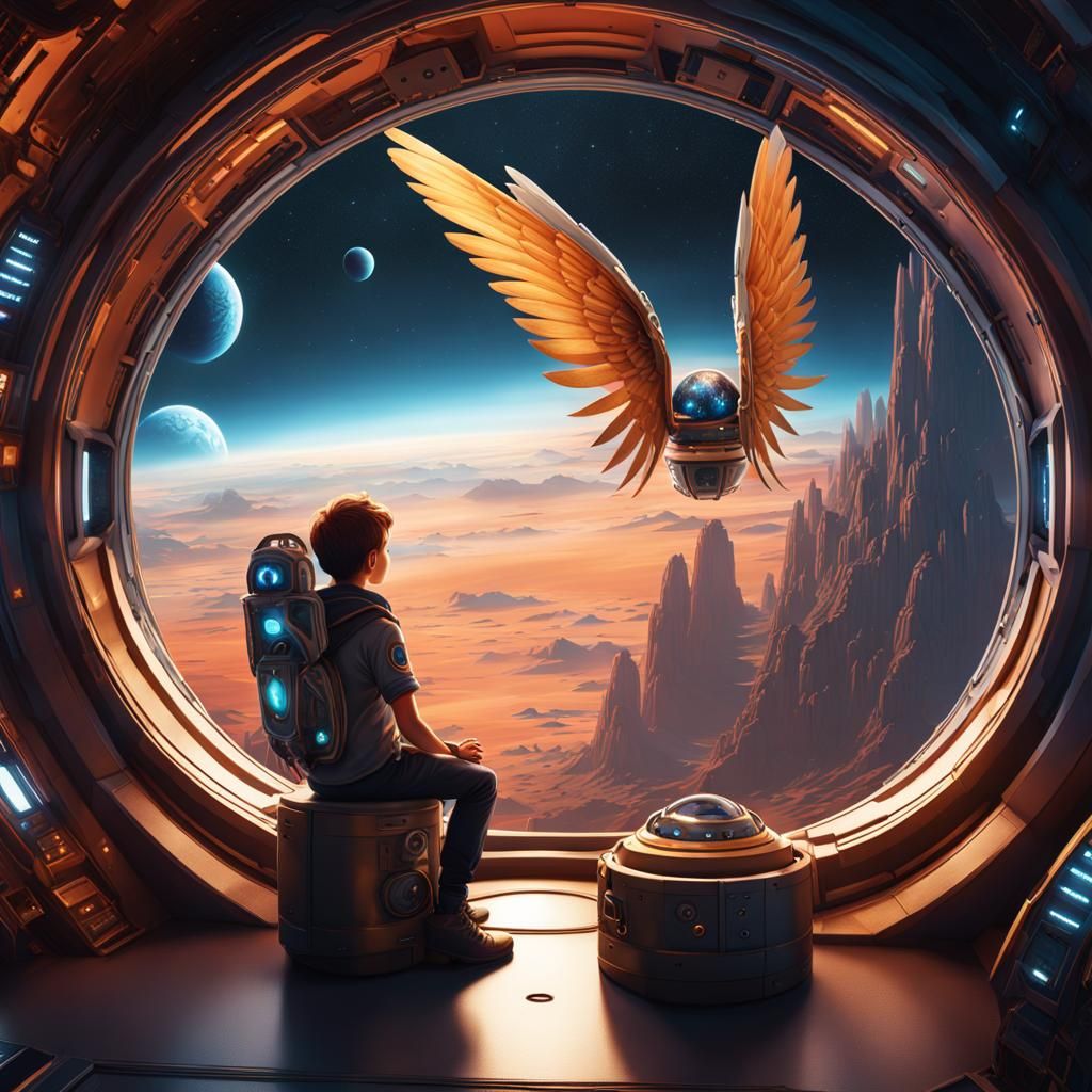 Boy and Angel in Space Pod Over Ruined Earth