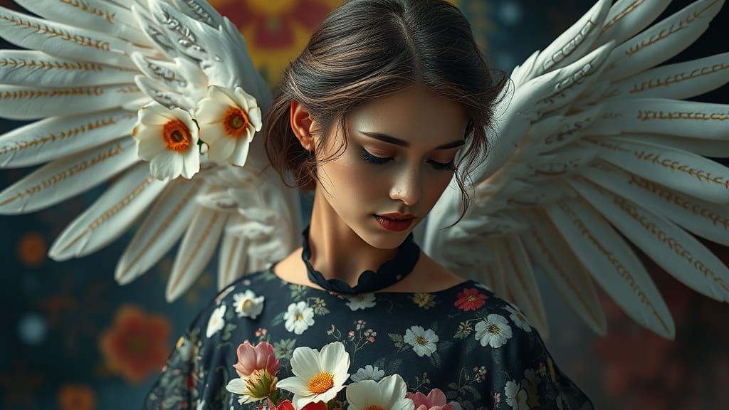Woman in Floral Dress with Angel Wings