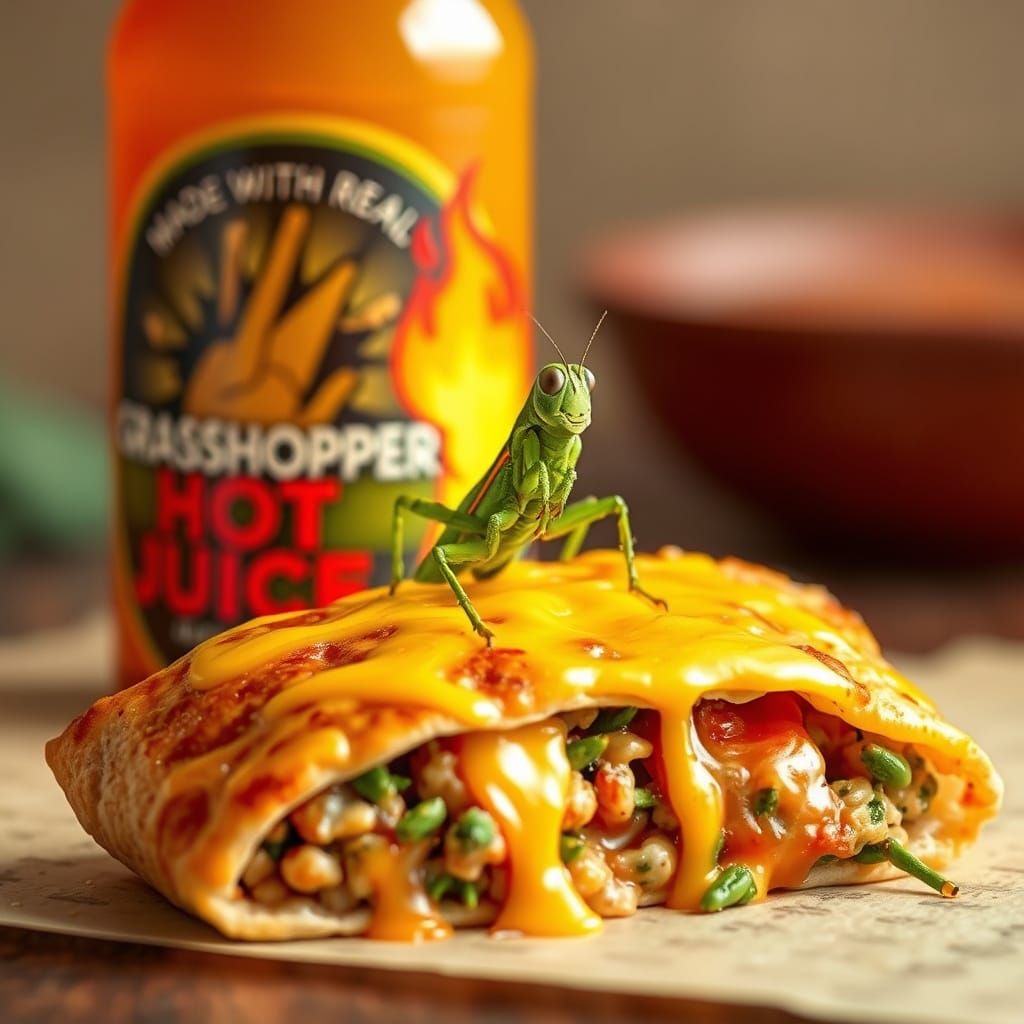 Grasshopper Hot Pocket with Flaming Hot Juice