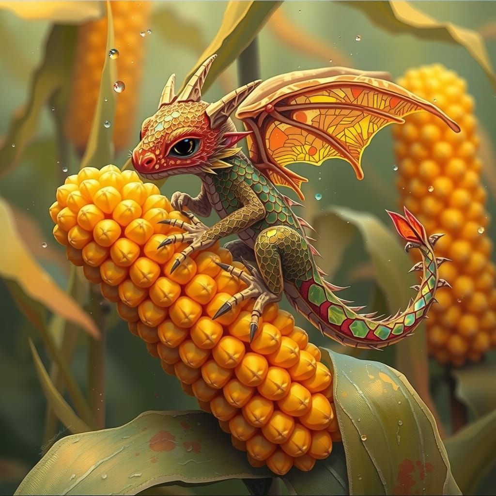 Whimsical Fantasy Landscape with Tiny Dragon and Golden Corn