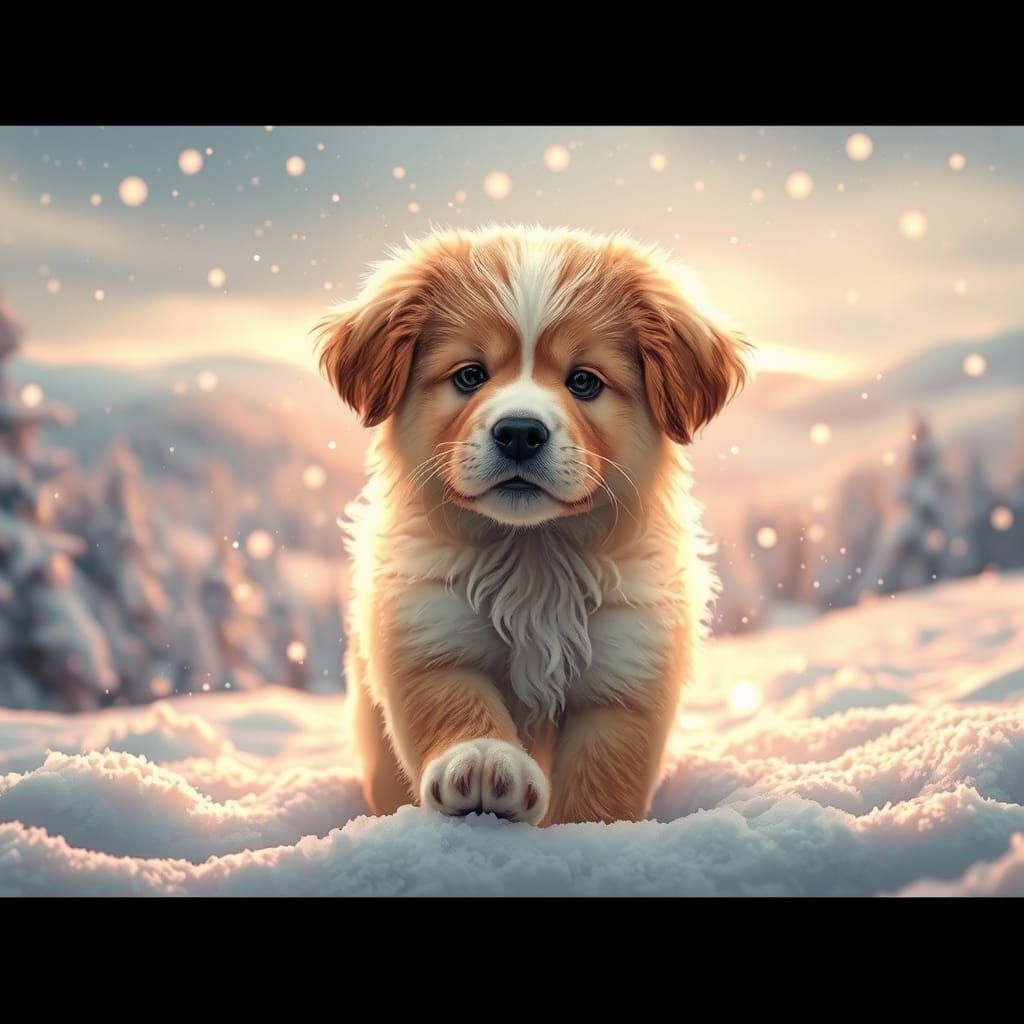 Playful Puppy in Winter Landscape, Matte Painting