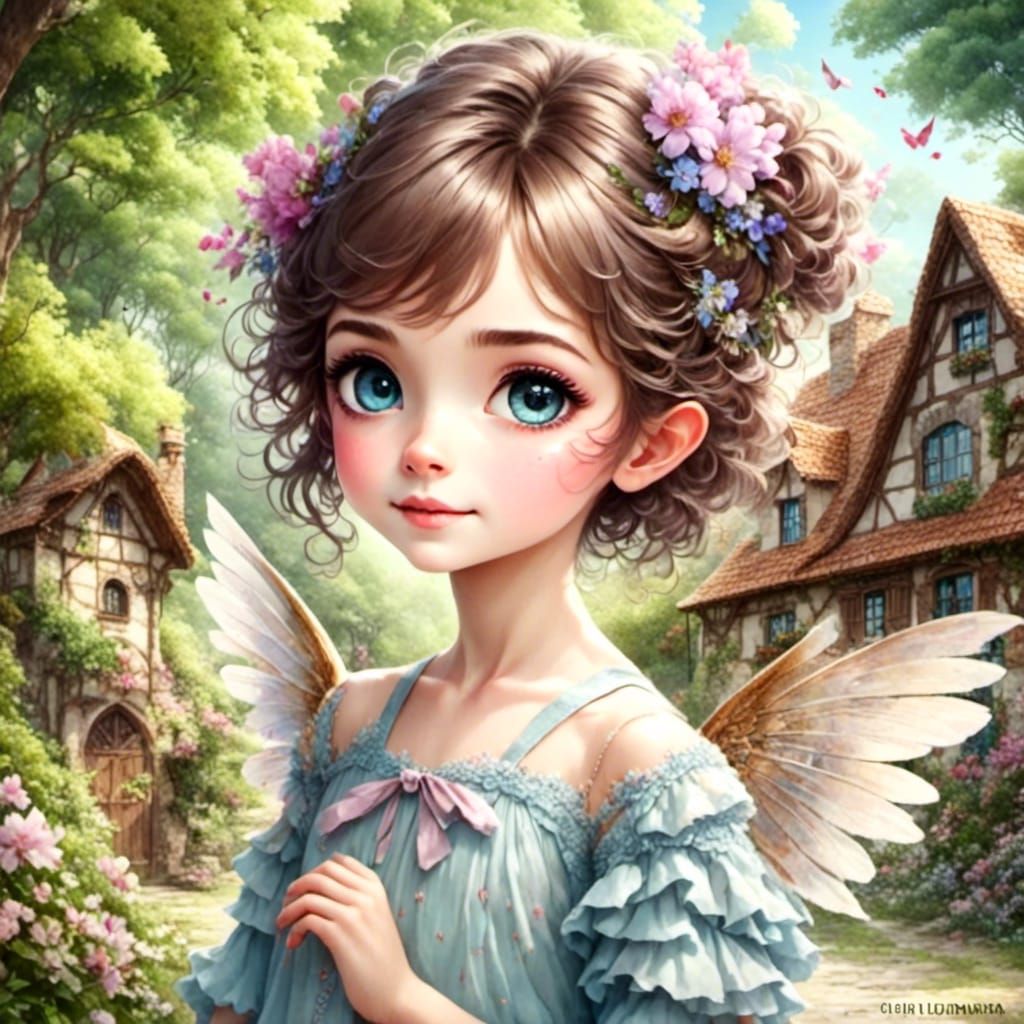 Adorable Pixie Girl in Fantasy Village Garden