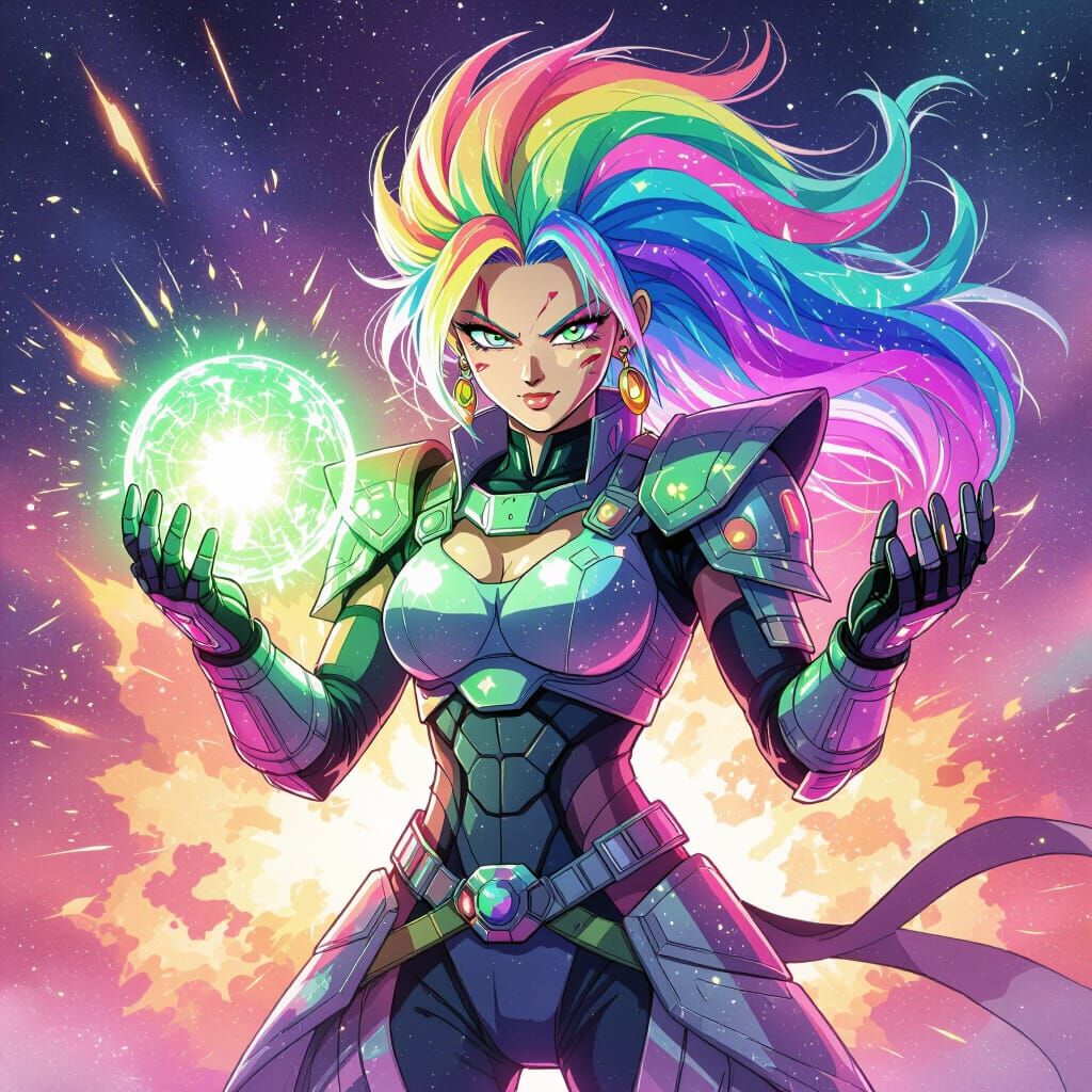 Confident Saiyan Woman with Energy Ball in Watercolor Nebula