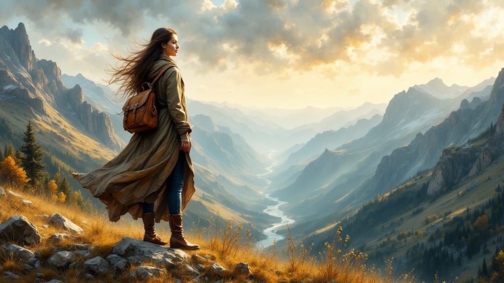 Woman Overlooking Misty Valley at Dawn as Impasto Painting