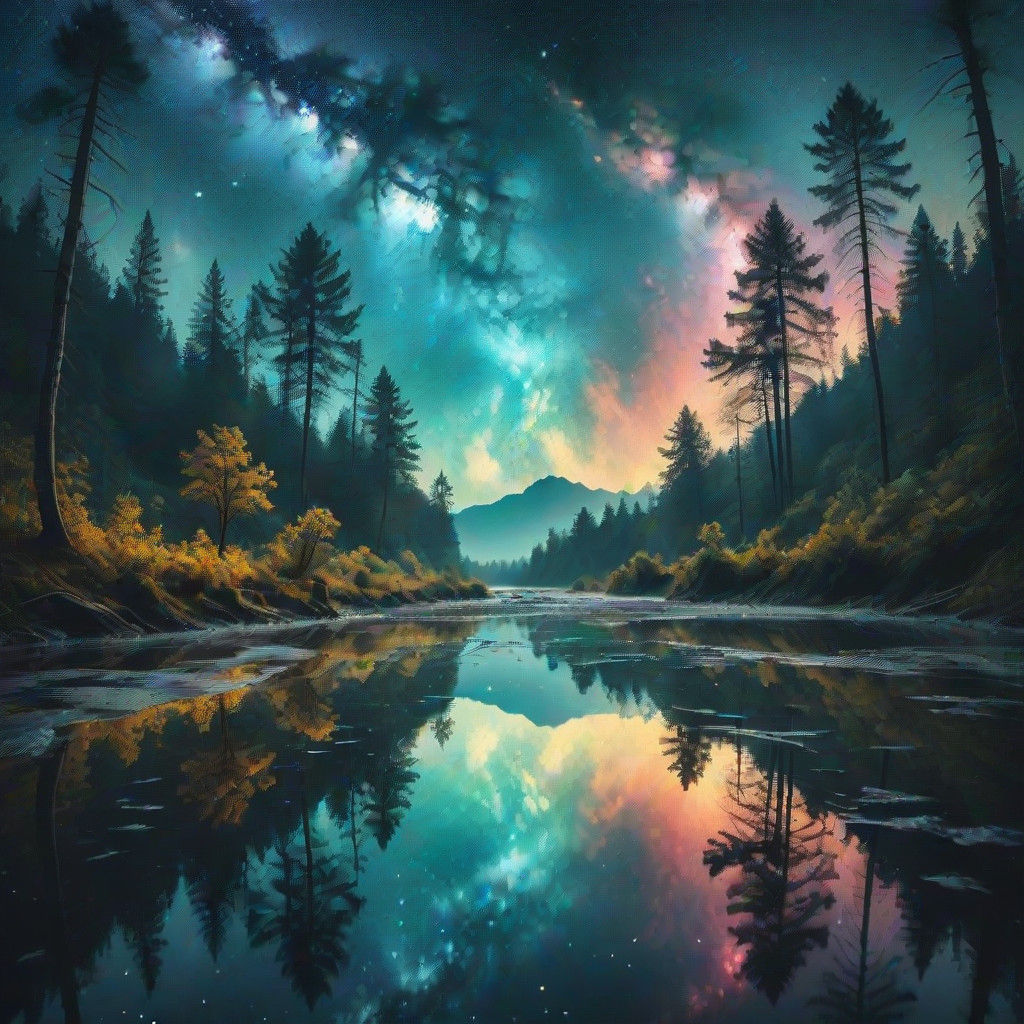 Ethereal River Nebula Forested Scene at Twilight