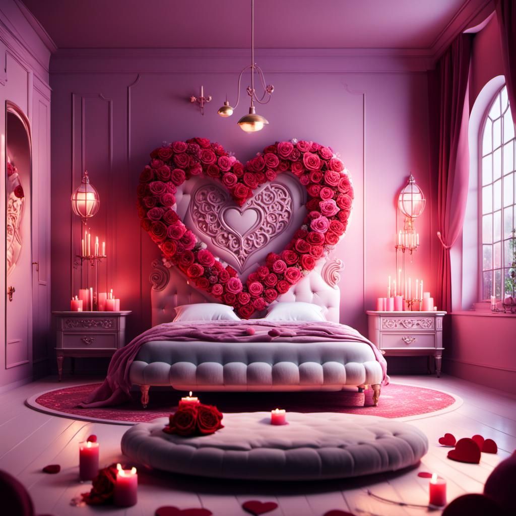 Valentine's Day Pink Bedroom With Roses Shaped of A Heart Background