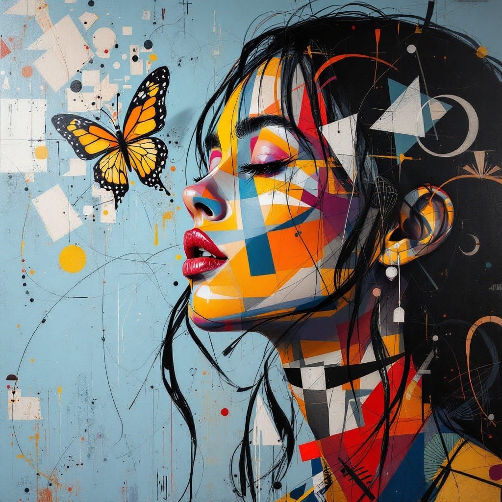 a painting of a woman with a butterfly on a pale blue wall, ...