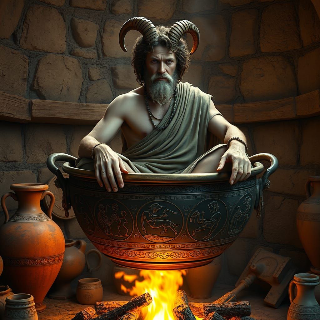 Satyr in Ancient Cooking Pot Scene