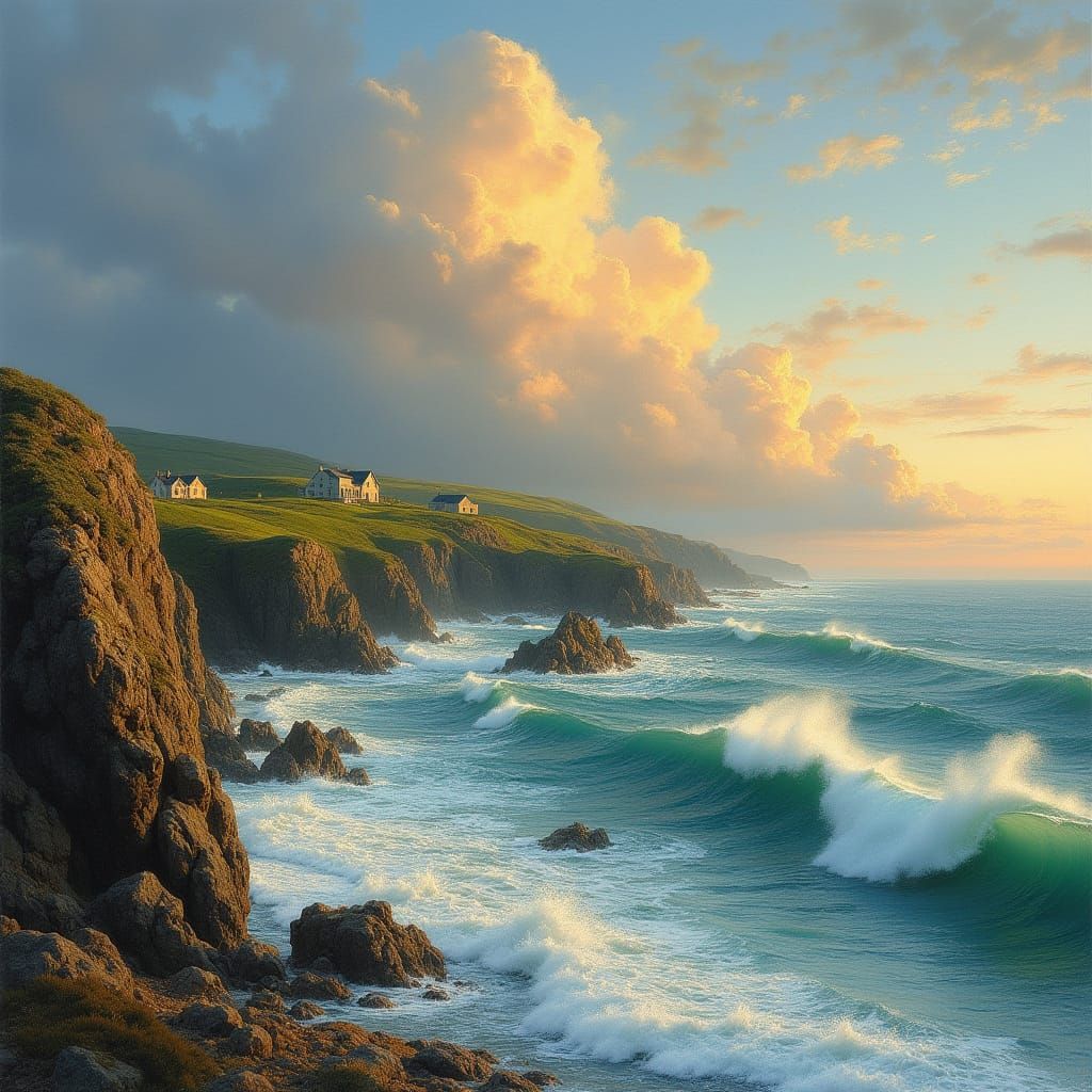 Breton Coastal Landscape at Sunset with Granite Rocks