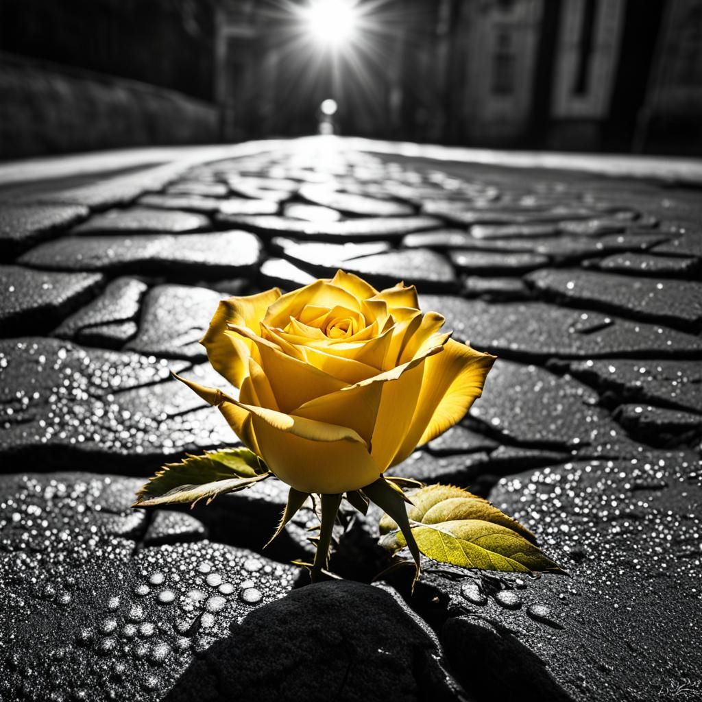 Rose Growing in Concrete, Selective Color Photography