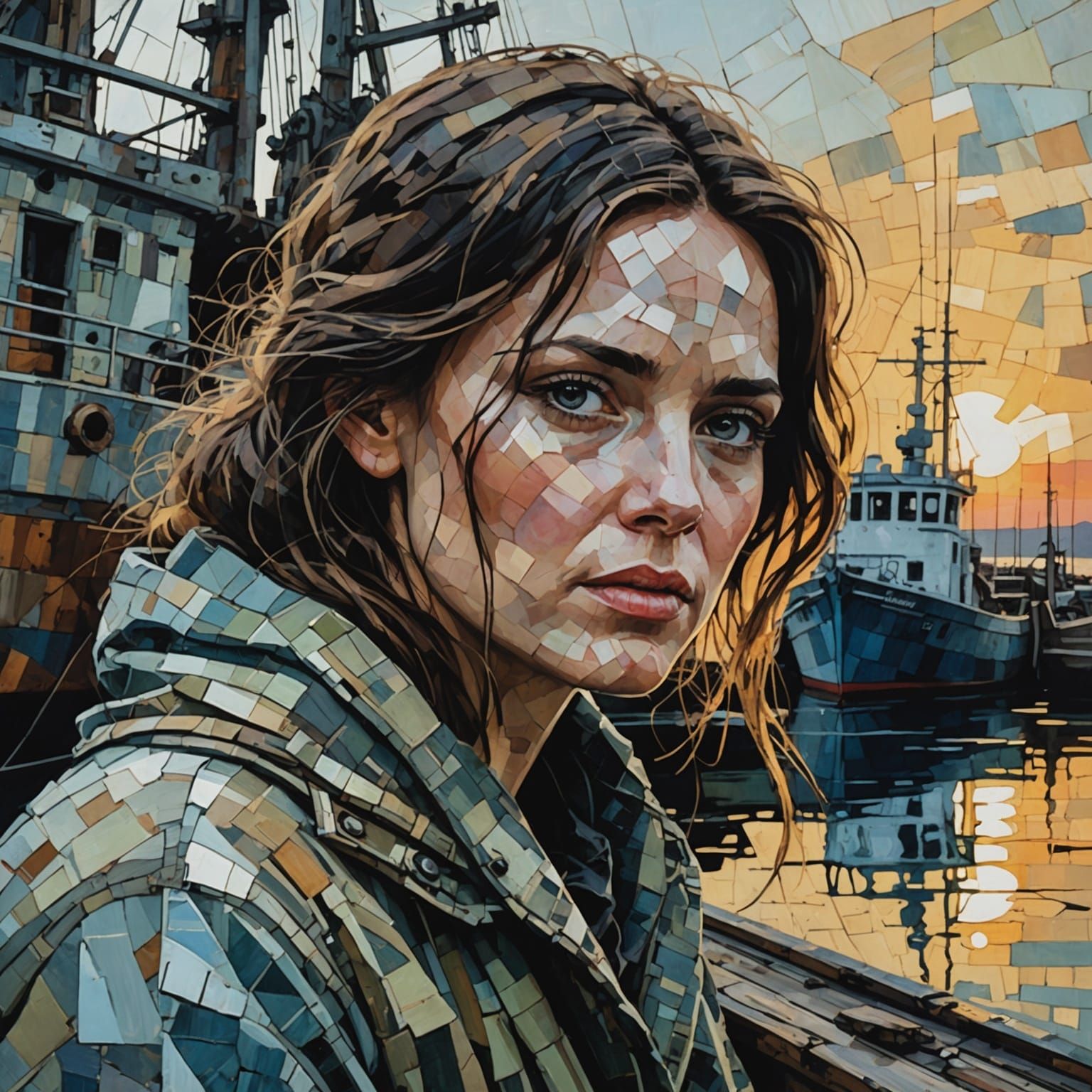 Woman Fishing from Broken Ship: Impasto Oil Painting