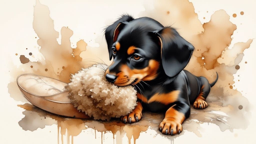 Cute Dachshund Puppy Chewing Slipper in Watercolor