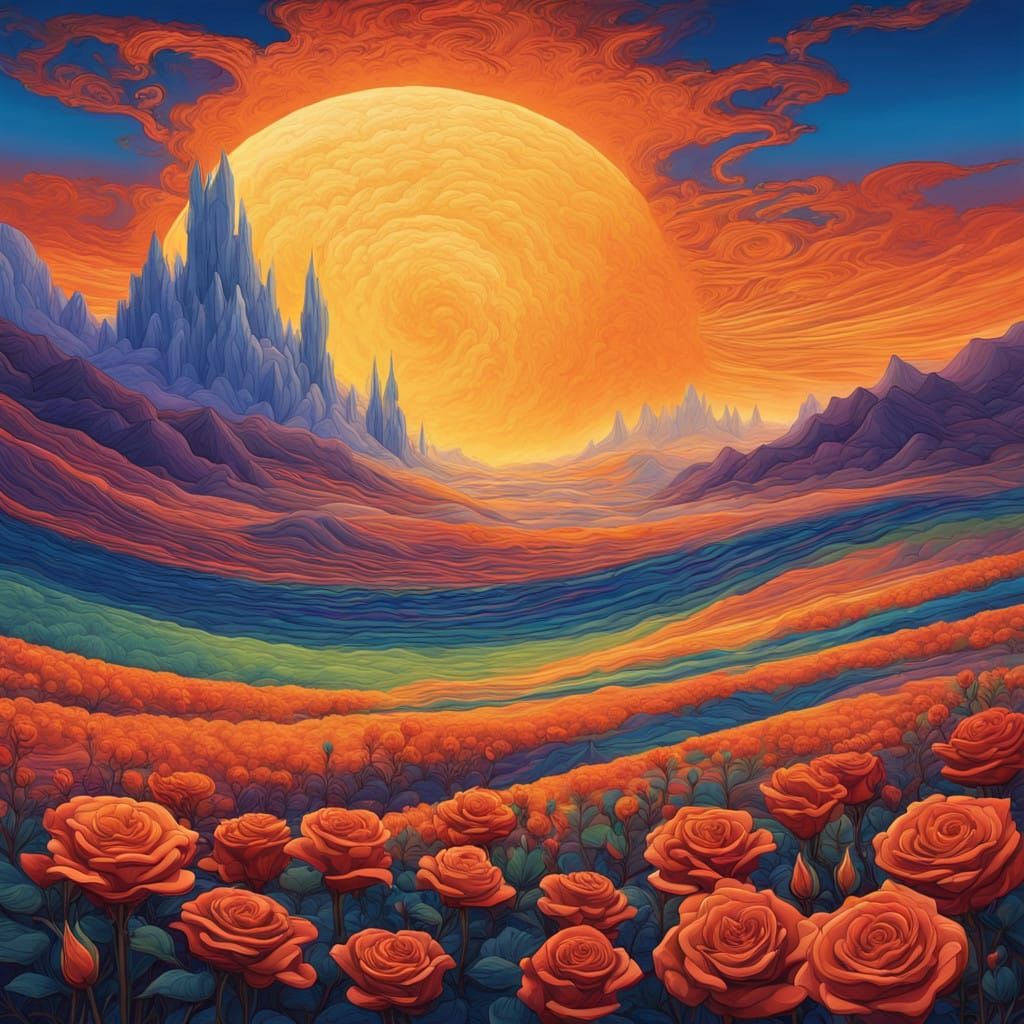Ethereal Sunset Landscape with Vibrant Roses in Abstract Vec...