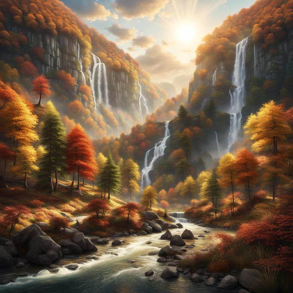 Autumn Sunlight on Hills and Forest Waterfalls