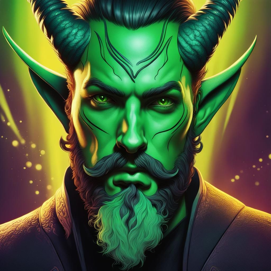 "tiefling warlock with a beard. movie poster style. green accents"