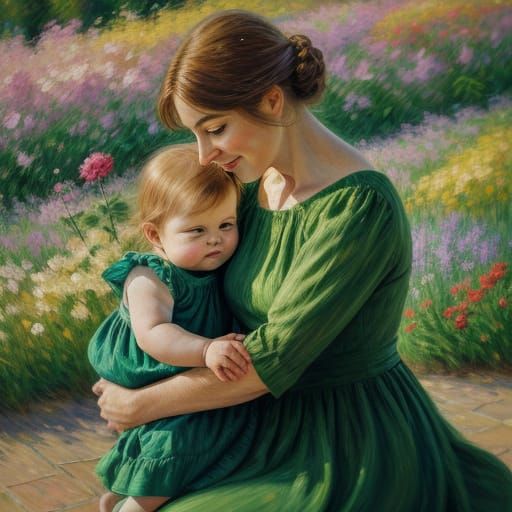 Woman and Child in Tulip Field: Impressionistic Oil Painting