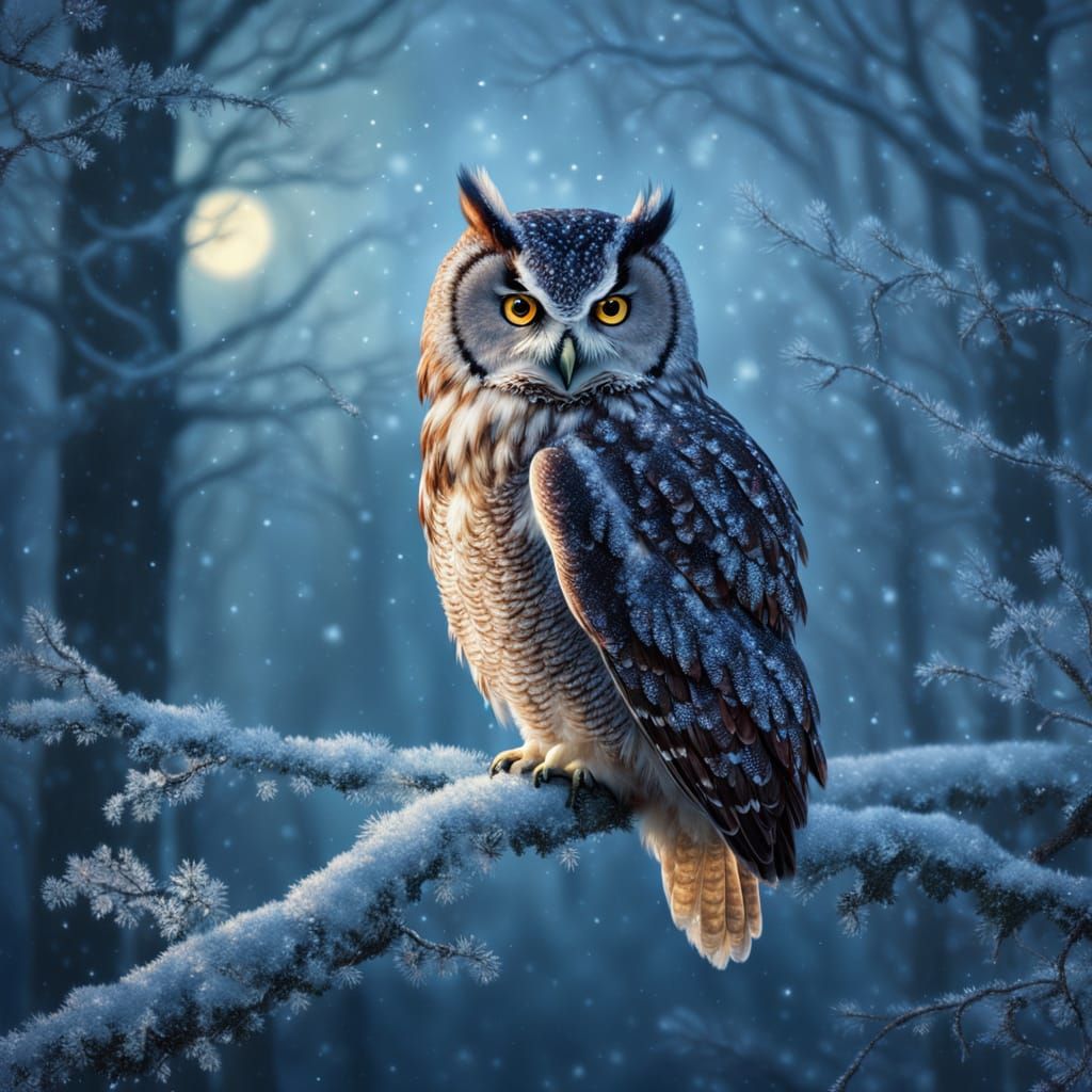 Majestic Owl on Frosty Branch in Winter Forest